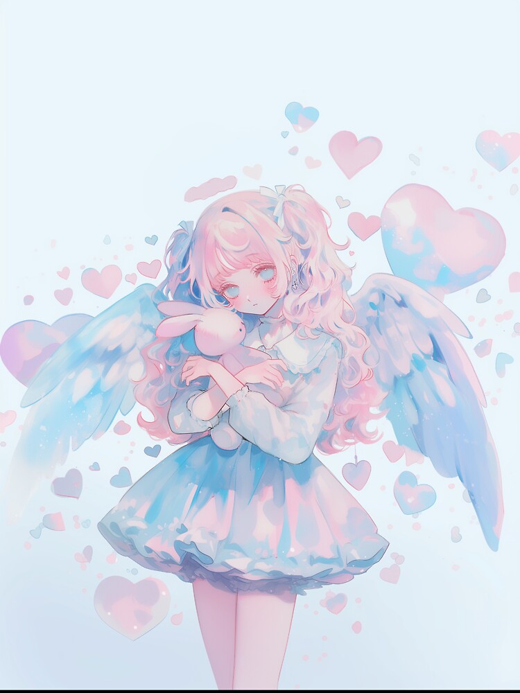 Soft Pastel Angel Girl with Wings and Bunny - Kawaii Aesthetic Art by Kawai Anime Shop
