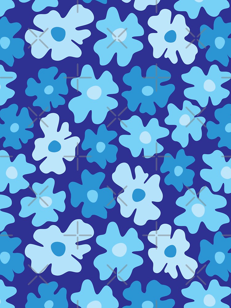 Blue 60s retro flower power, pastel blue, blue, cobalt blue, 60s groovy pattern, hippie flowers by blomastudios