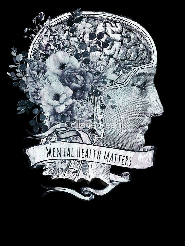 Brain blue anatomy floral mental health, brain psychology, Vintage style, mental health matters by Collagedream