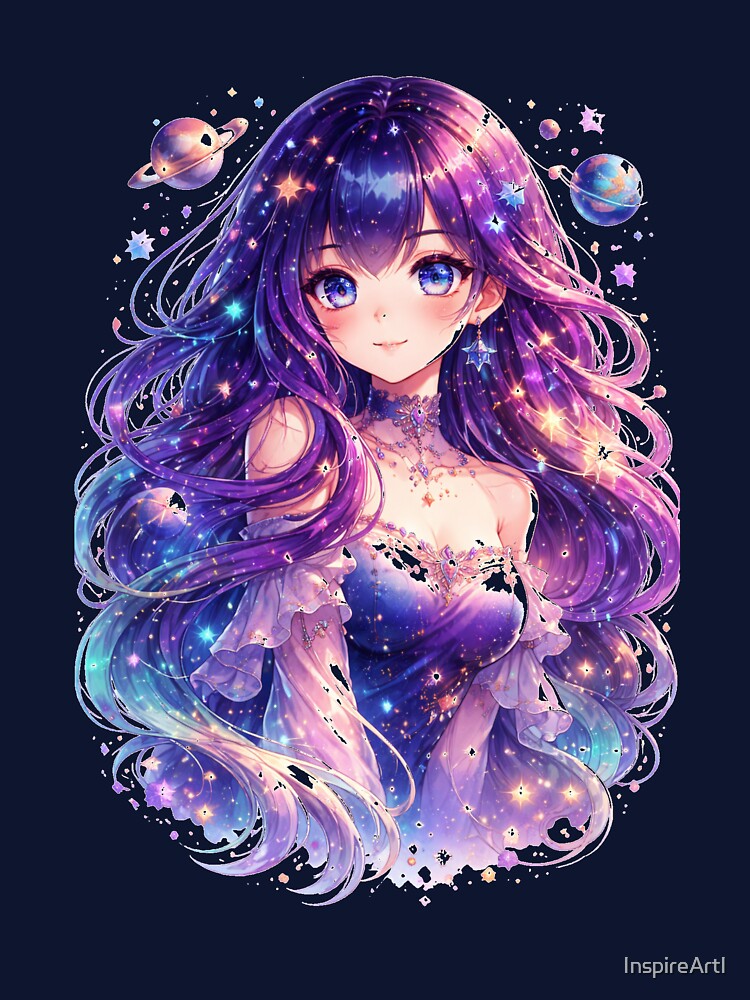 Galaxy Hair Anime Girl Fantasy Art by InspireArtI