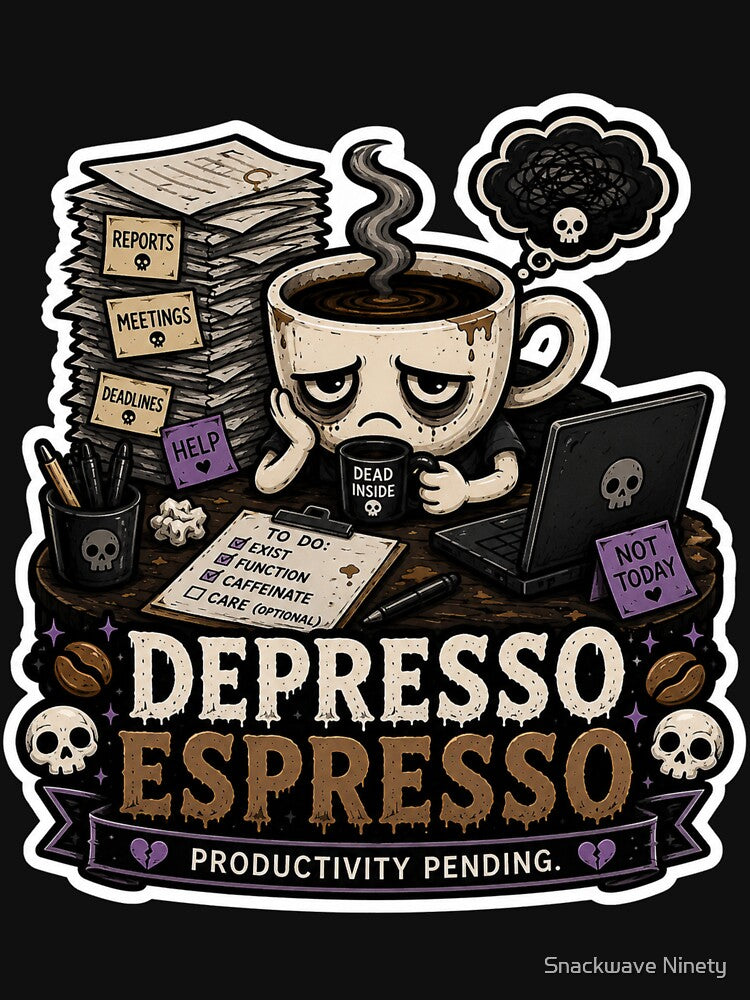 Depresso Espresso Goth Coffee Cartoon Sticker | Productivity Pending by Snackwave Ninety