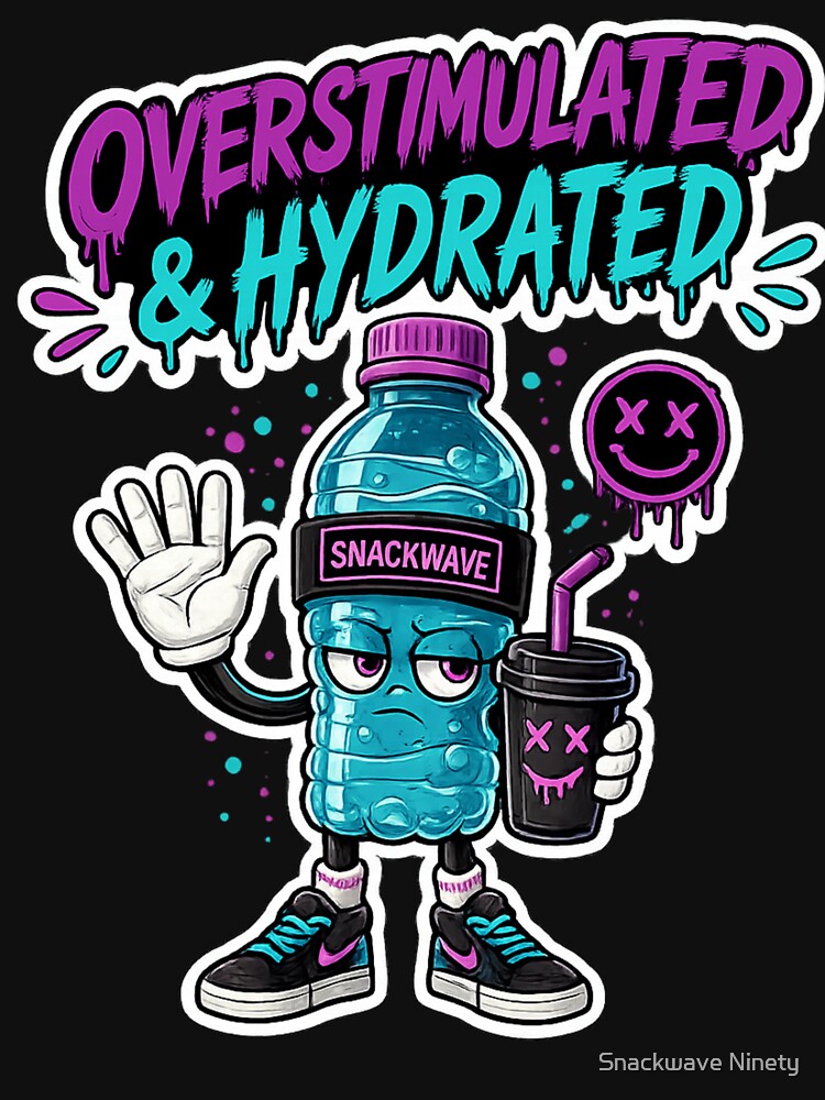 Overstimulated & Hydrated Funny Sticker | ADHD Meme Water Bottle Cartoon by Snackwave Ninety