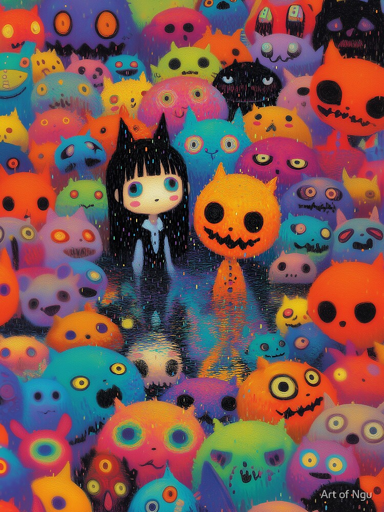 Cute Creepy Monsters & Goth Girl – Neon Horror Kawaii Art by Art of Ngu