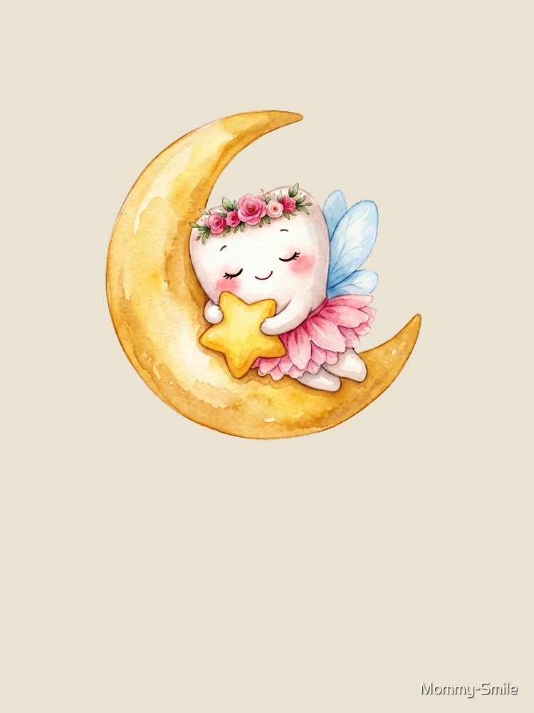 Cute Tooth Fairy Sleeping on the Moon | Watercolor Fairy Tooth by Mommy-Smile