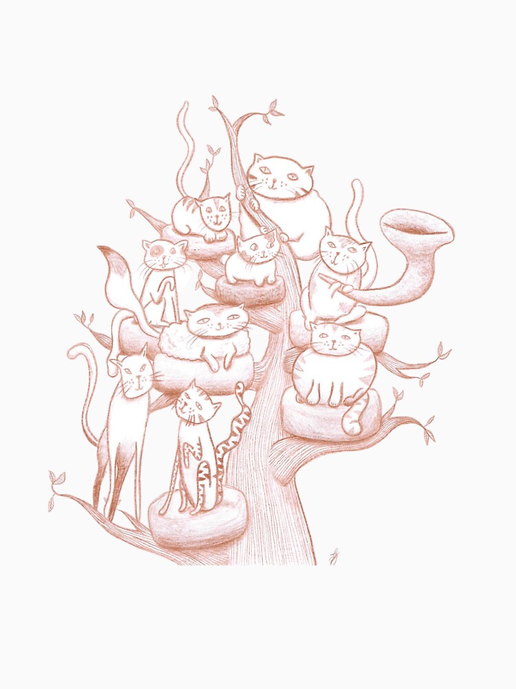 Cozy Cat Gathering Tree Hand Drawn Sepia by BOKEbyTC
