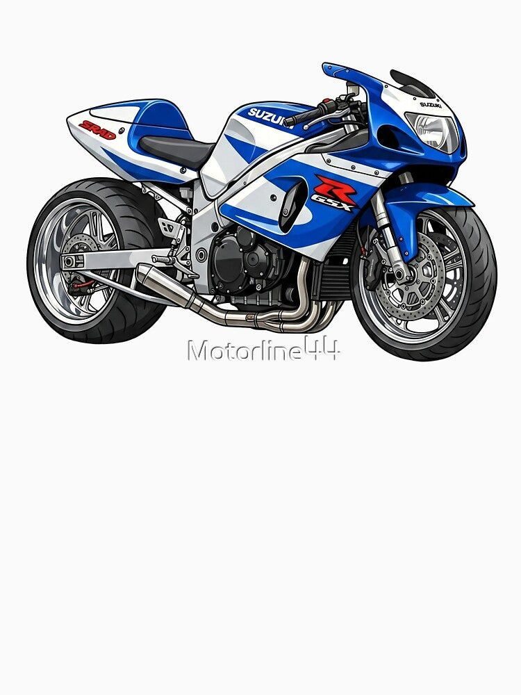 Blue White Suzuki GSX-R750 SRAD 90s Superbike Motorcycle Illustration by Motorline44
