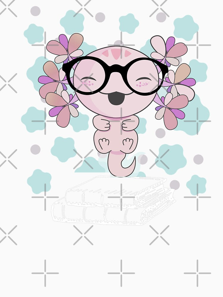 Lovely Axolotl Cute Pink Nerd with Two Books and Glasses, Axlolt, Amphibian sitting on Books by DiensDesign