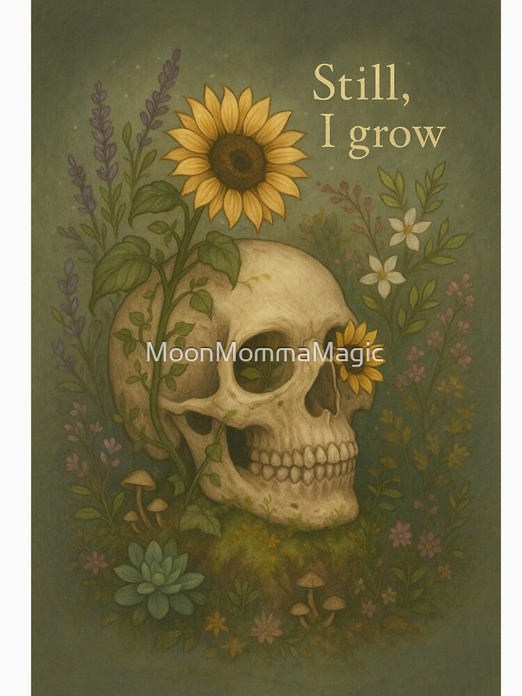 Still I Grow – Floral Skull Art on Growth Through Darkness by MoonMommaMagic