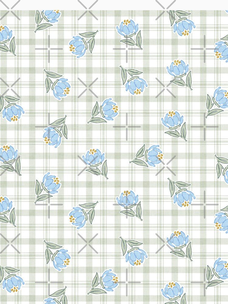 Cottage Blue Flowers On Gingham Checkered Grid In Blue And Green by EliveraDesigns