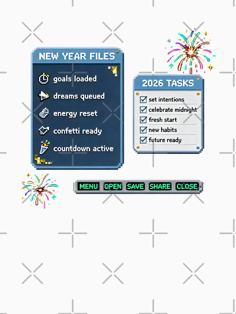 New Year Pixel Interface Design with 2026 Tasks and Retro Celebration Files by SplashTastic