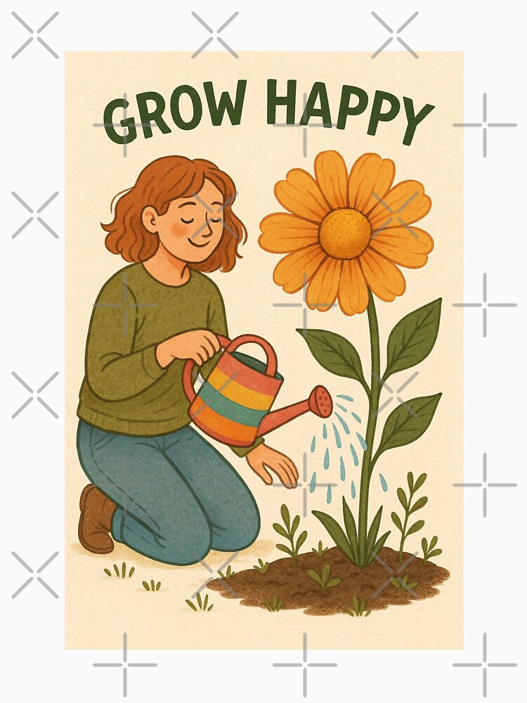 Grow Happy – Gardening Hobby Illustration Flower Plant Watering Plants by Annika Shurafa