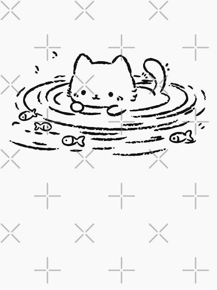 Kawaii Cute Cat Swimming Water Ripples Minimalist Fish by Krasnovaovaova