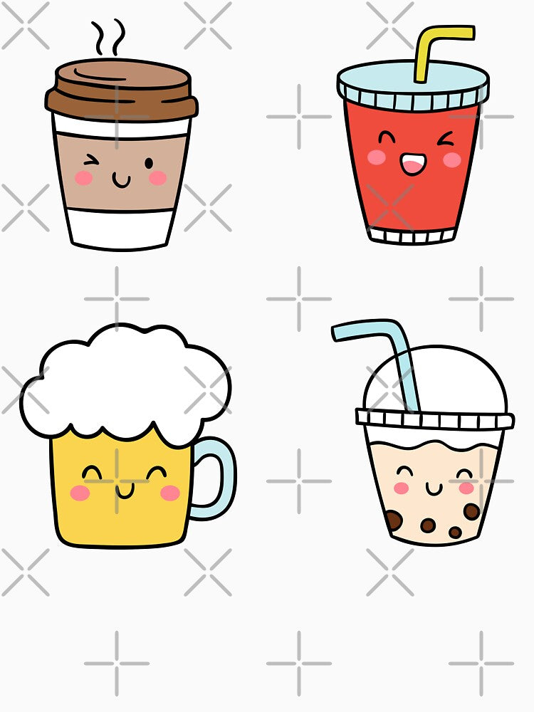 Cute Kawaii Drinks - Kawaii Coffee, Kawaii Milk, Kawaii Beer, Kawaii Soft Drink (Set of 4) by OFMdesigns