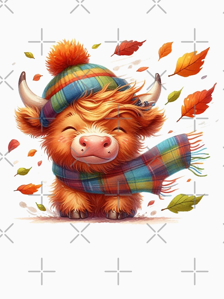 Cute Scottish Highland Cow Windy Fall Season Autumn Leaves Colorful Watercolor by MaedK