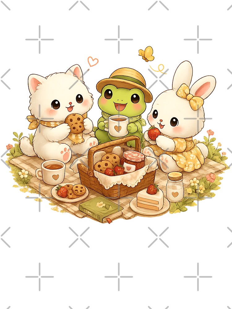 Cozy Spring Picnic | Cute Cat, Frog & Bunny Friends Sticker by Maystro-design