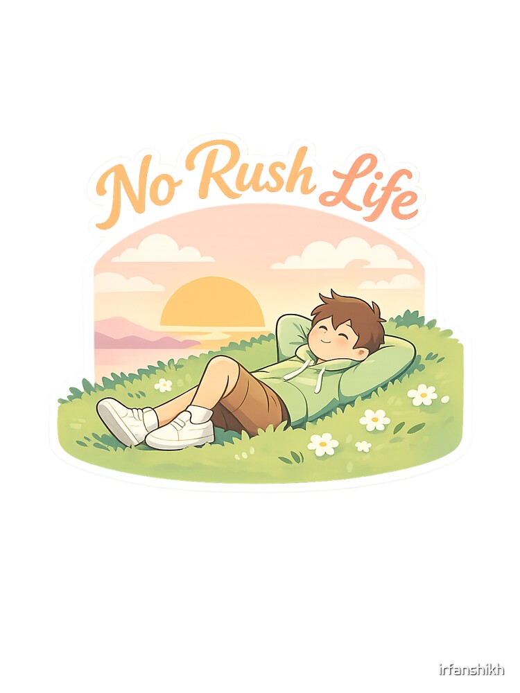 No Rush Life Aesthetic Cartoon Design | Chill Sunset Relax Vibe | Soft Life Hoodie & Sticker by irfanshikh