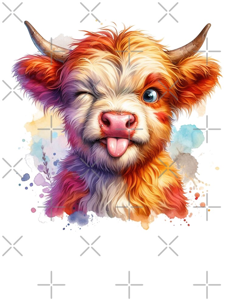 Cute Scottish Baby Highland Cow Calf Pulling Funny Faces Colorful Watercolor by MaedK