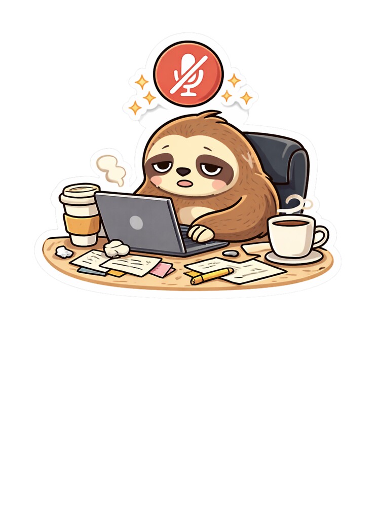 Tired Sloth Remote Worker Sticker – Funny Online Meeting Mute Button Sloth by ZYNORAworld