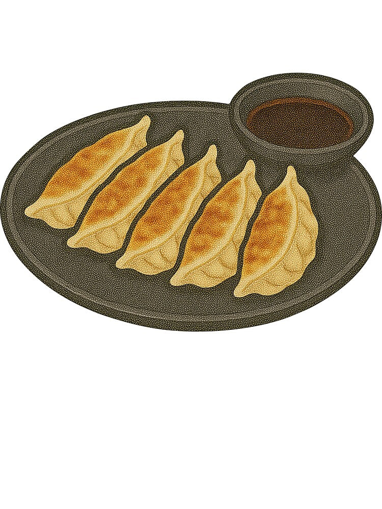 Gyoza Dumplings on Plate with Dipping Sauce – Japanese Food Art by Vendeloc