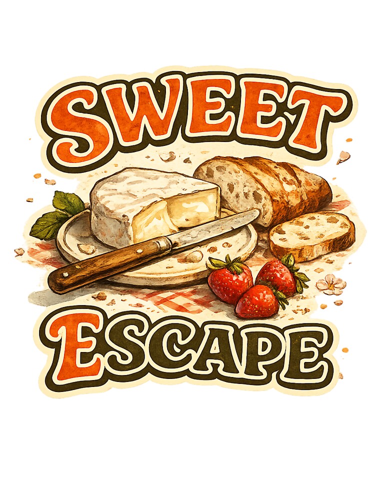 Sweet Escape | Vintage Picnic Graphic T-Shirt | Bread, Brie & Strawberries Illustration by UUniqueIImprint