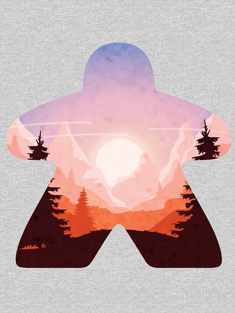 Mountain and Tree Sunset Adventure Meeple Board Game Scene by BeamGeeks