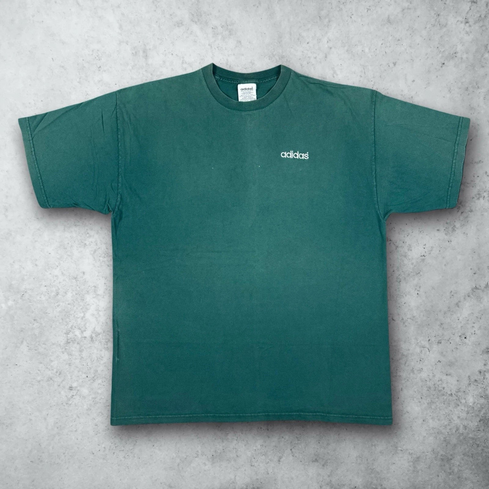 Vintage 90s Adidas Spell Out Faded Essential Forest Green T-Shirt Size XL USA