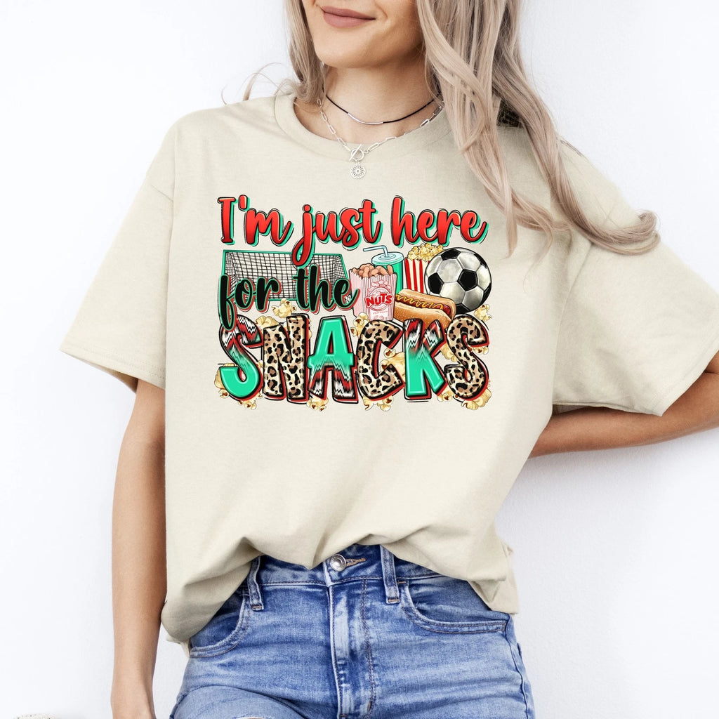 Soccer Cheer T-Shirt Soccer mom I'm just here for the snacks Unisex Tee Sand Whi
