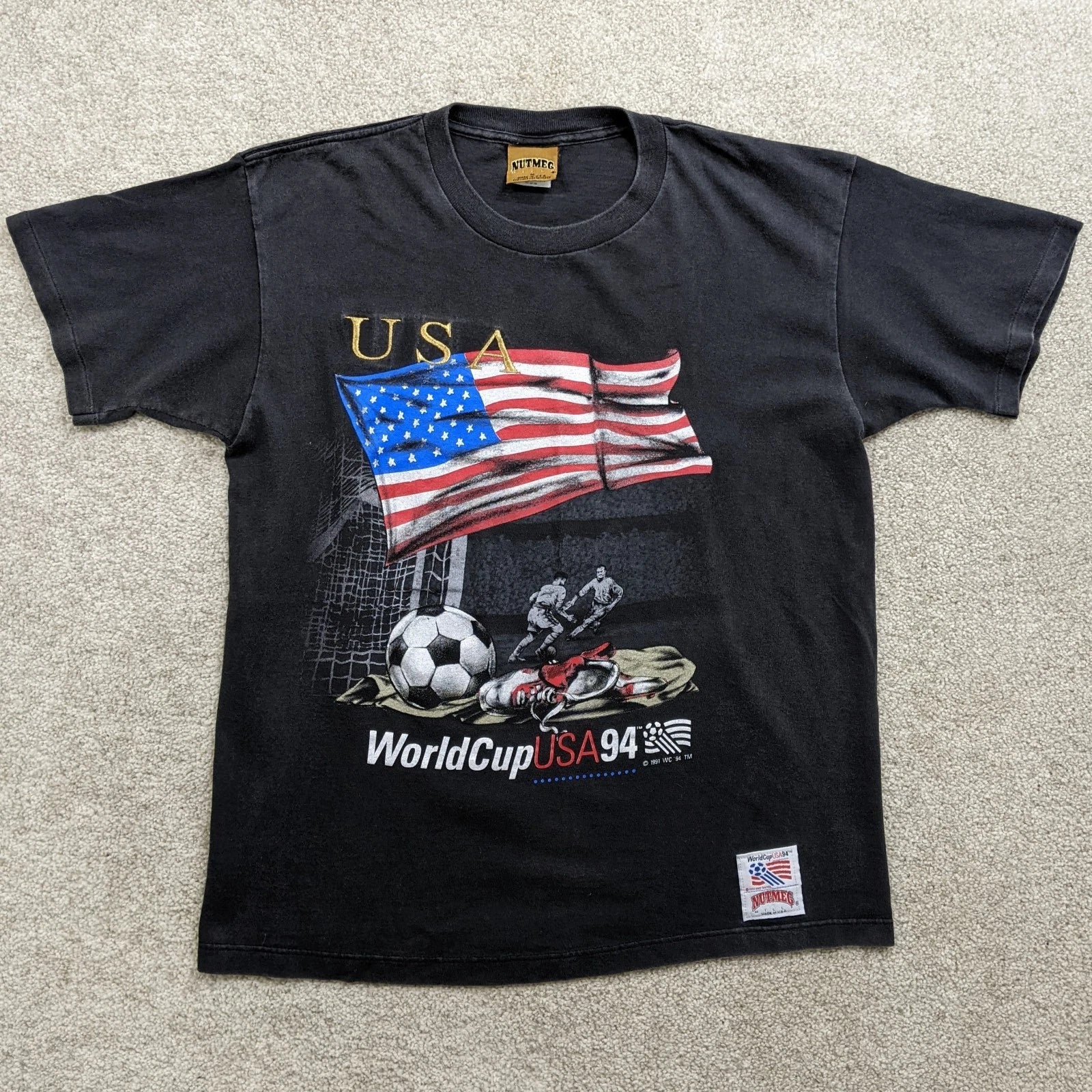 Vintage 1994 World Cup USA T Shirt Black Nutmeg Mills Soccer Football Tee Size M