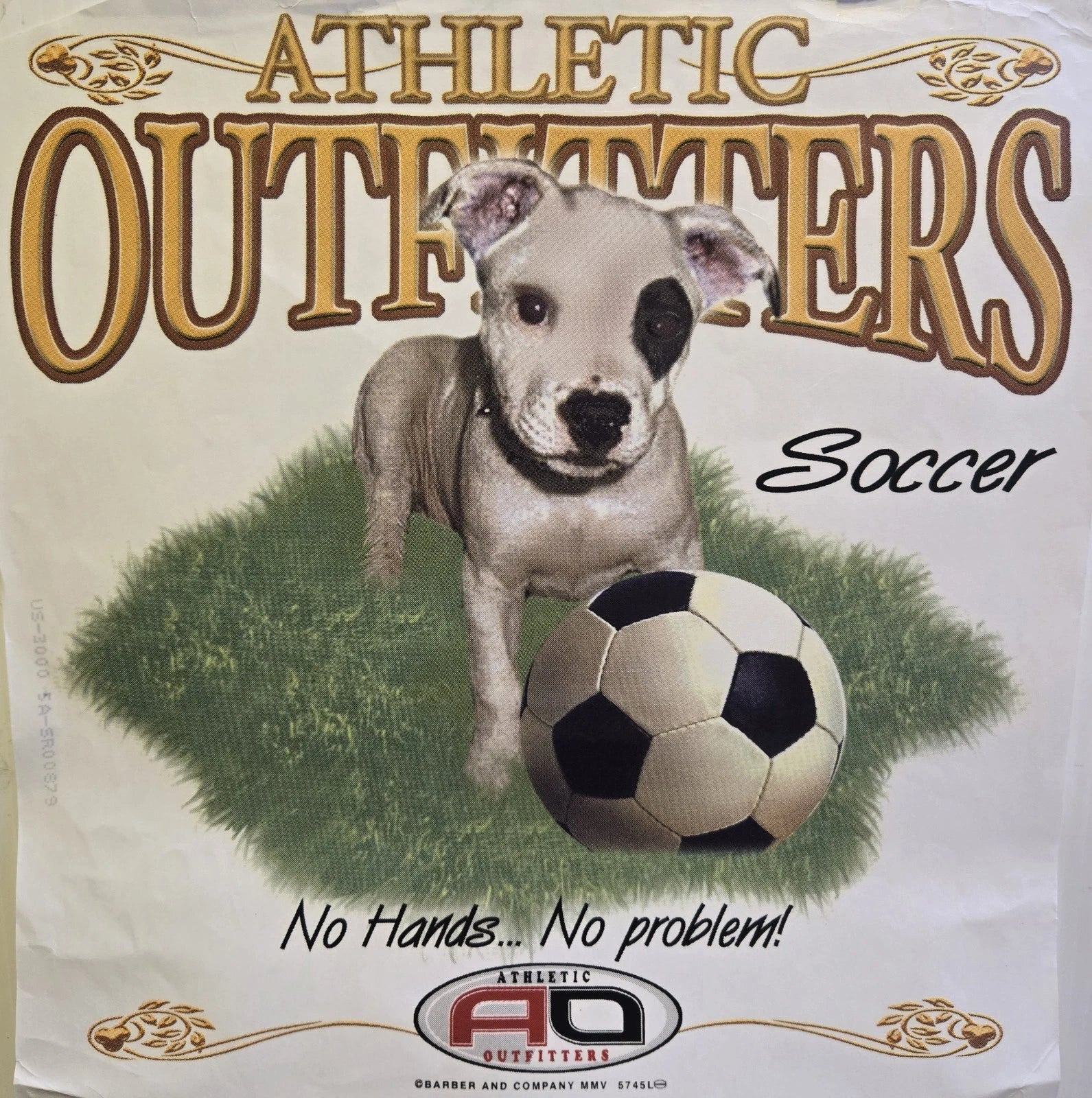 VTG. NO HANDS NO PROBLEM / DOG SOCCER WHITE SHIRT SIZE S-XL  (FRONT PRINT)#273