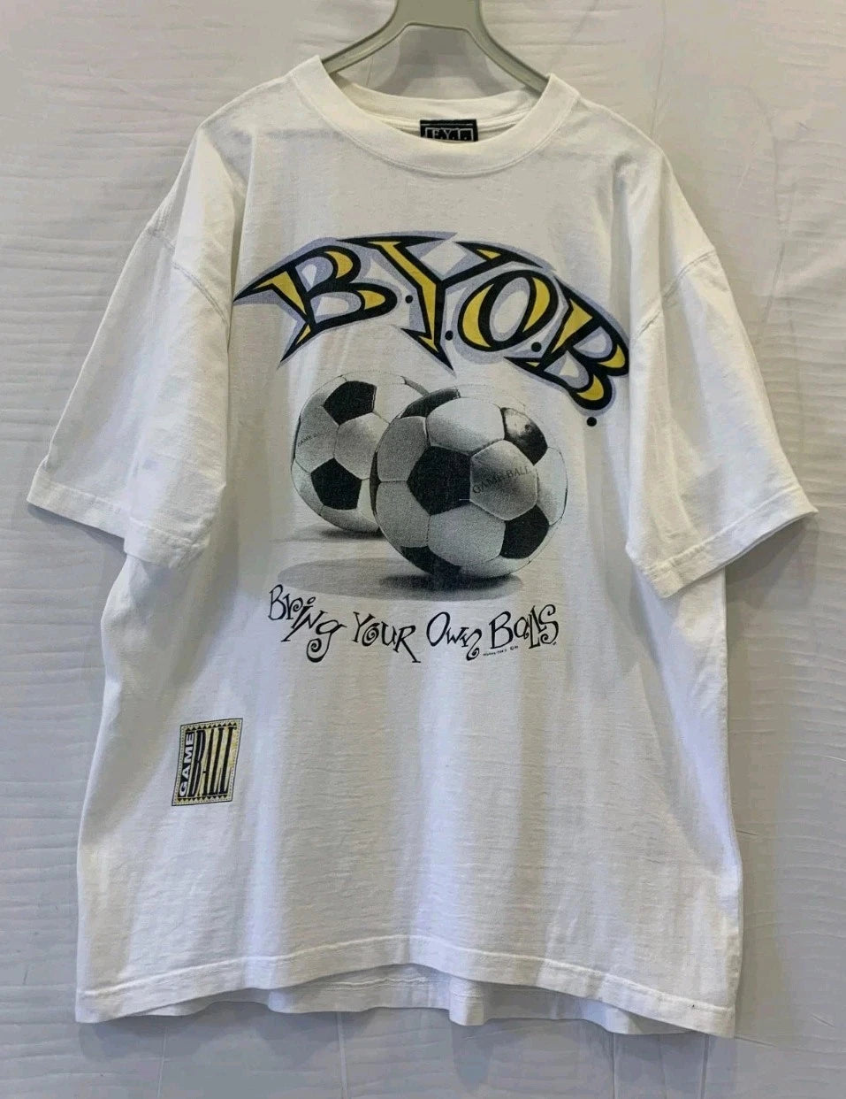 Vtg 1994 BYOB Soccer T-Shirt Bring Your Own Balls Graphic Tee Single XL #81