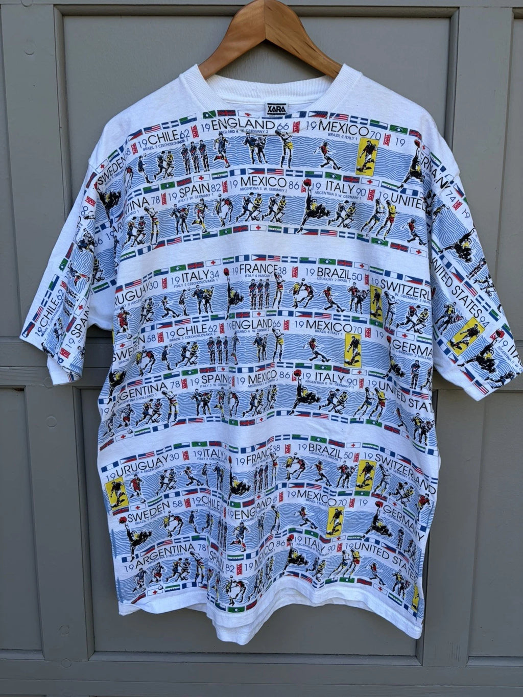 Vtg Xara 1994 AOP World Cup Soccer Graphic Print T Shirt Men’s XL White Cotton