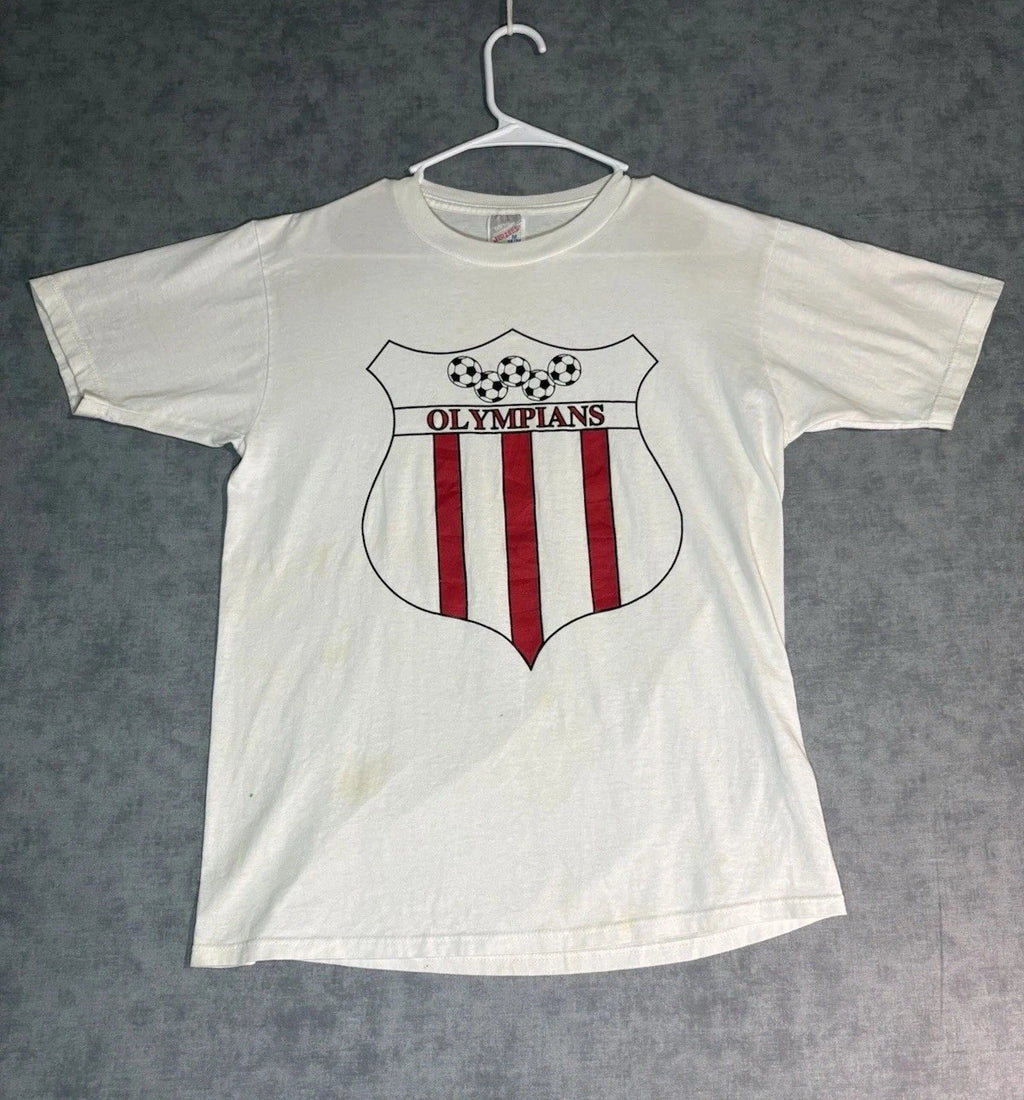 Vintage Olympians Soccer T-Shirt Jerzees USA Made 50/50 Medium Distressed