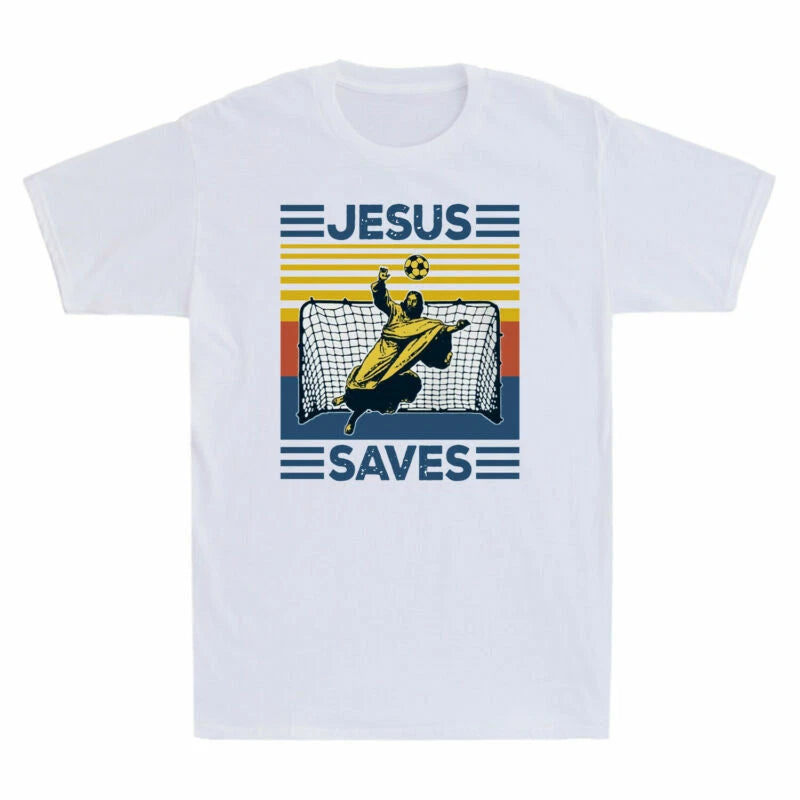 Sleeve Short Vintage Soccer Jesus Saves Gift Adult Cotton T-Shirt Funny Men's