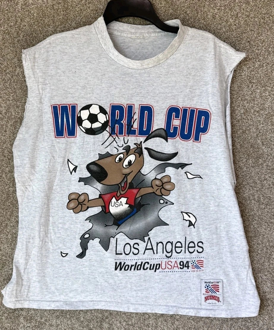 Vtg 90s Nutmeg Mens Medium World Cup Soccer Double Sided T-Shirt Cutoff Sleeve