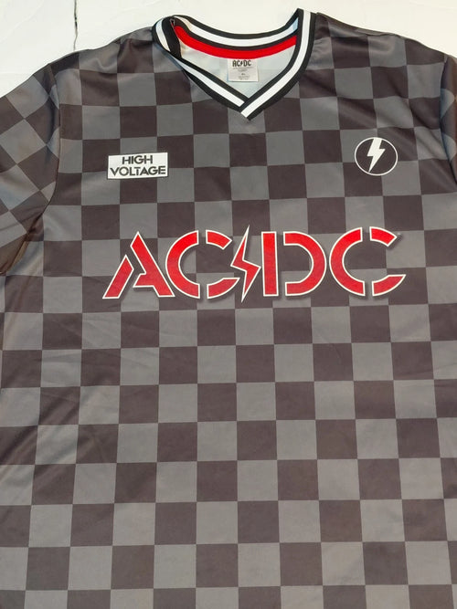 ACDC High Voltage Soccer Style Jersey  Checkered V-neck Size XL Charcoal Black