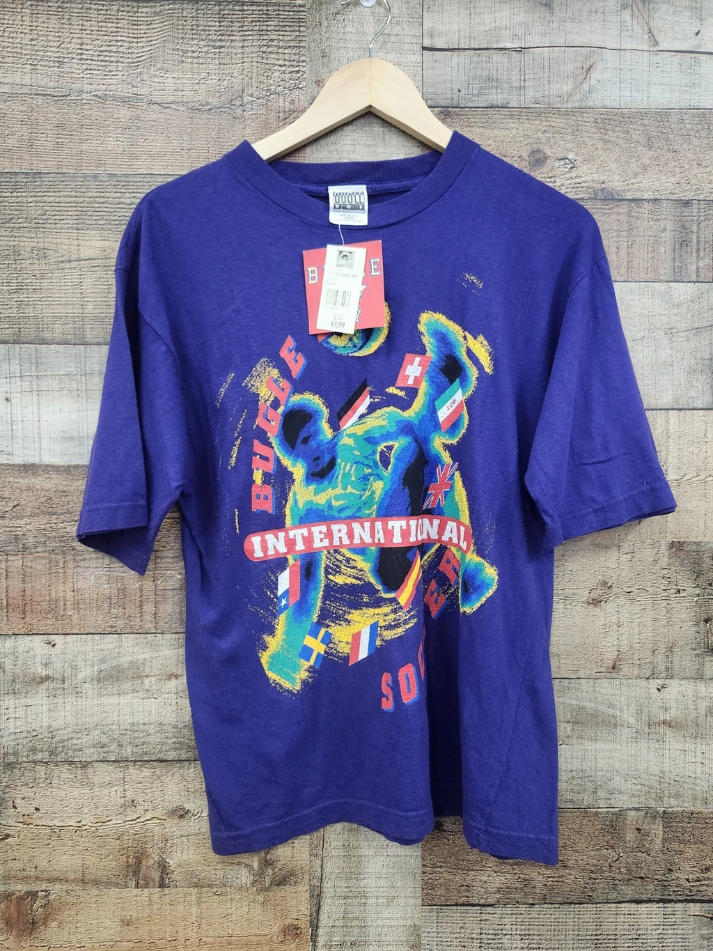 Vtg 90s Bugle Boy DeadStock T Shirt Sz L Soccer Purple