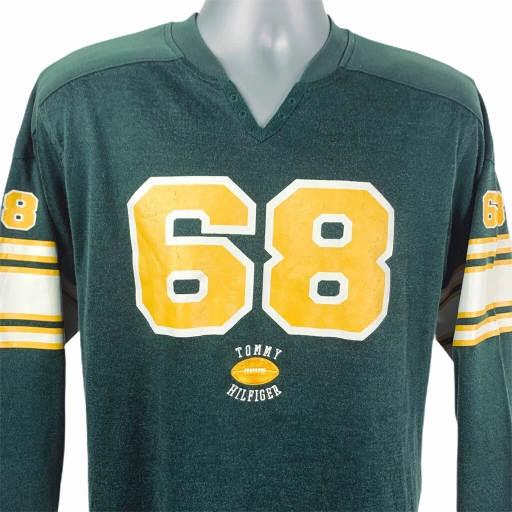 Tommy Hilfiger 68 Mens Football Style Jersey Green Yellow V Neck Long Sleeve M