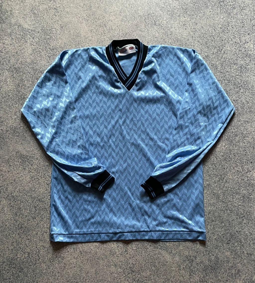 Vintage 80s Football Shirt Soccer Jersey Trikot Made in UK SZ L 42/44 Blue Mens