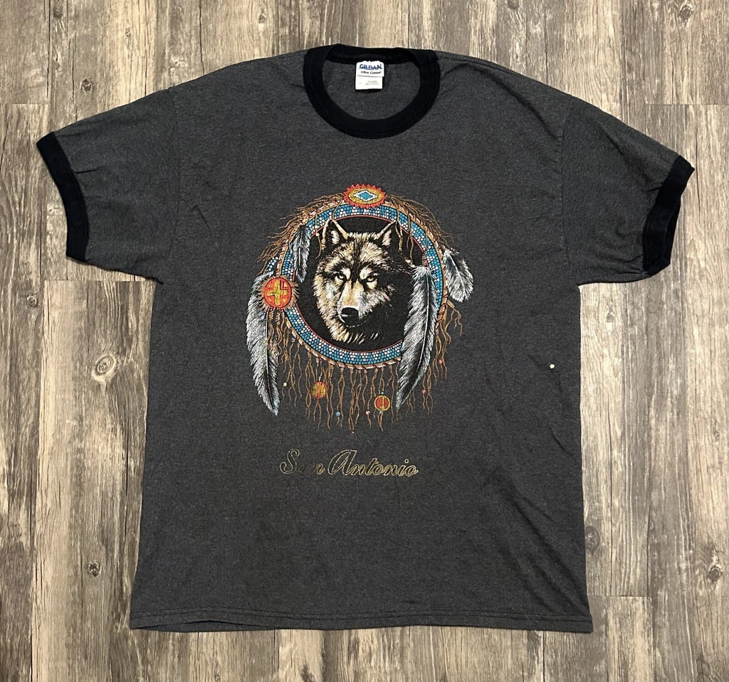 Wolve Wolf Native American Dream Catcher Mens T-shirt L Vintage San Antonio 90s