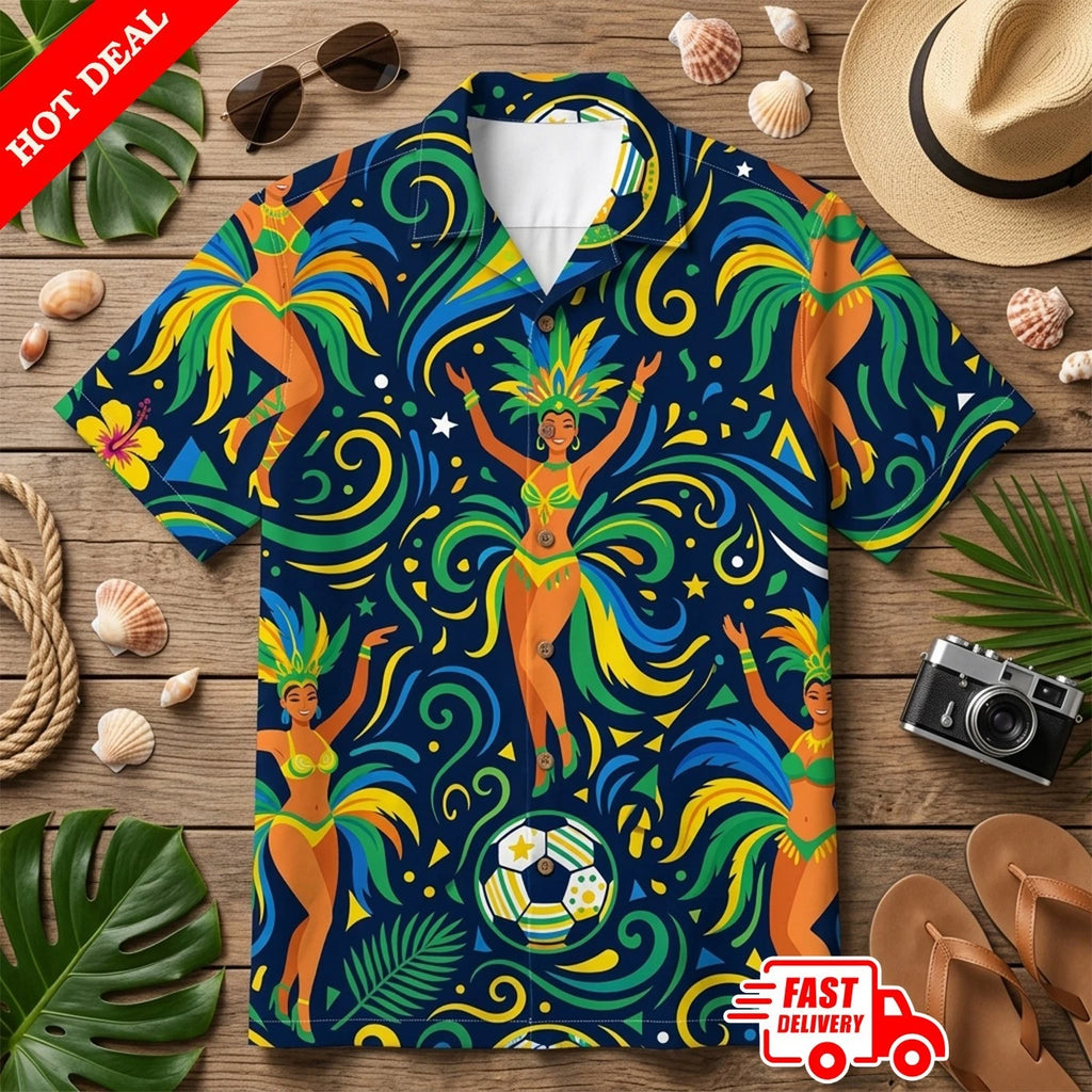 Brasil Colors Graphic Aloha Shirt - Soccer Fan National Pride Short Sleeve