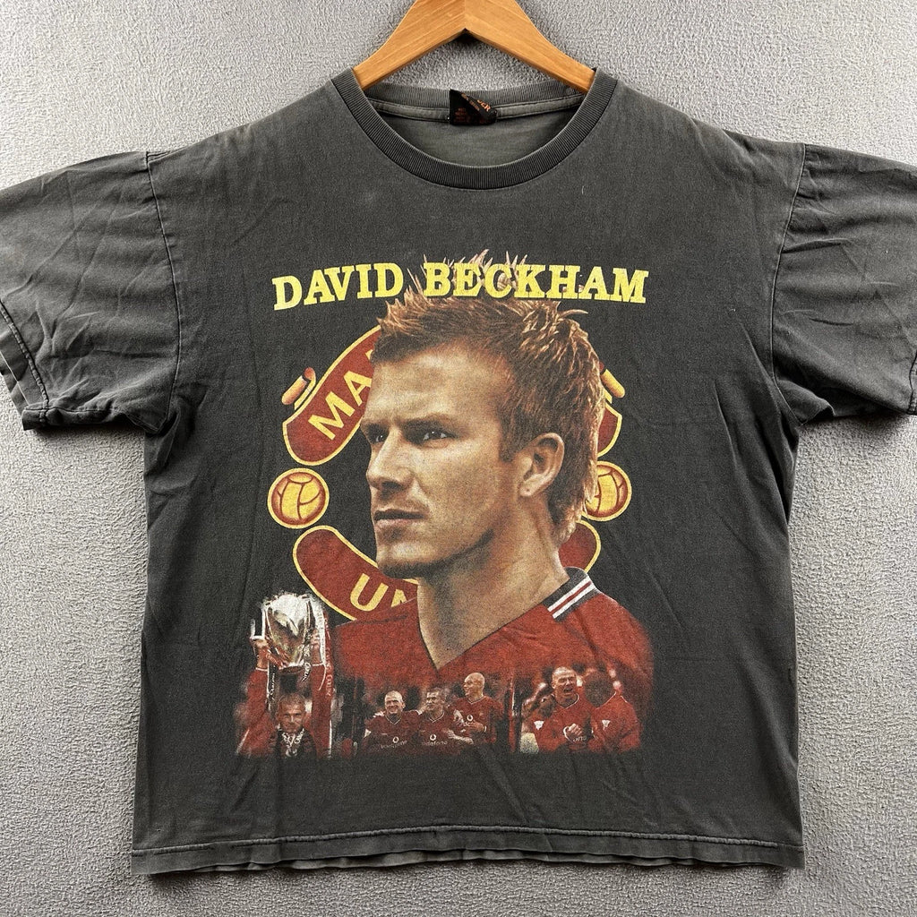 Vintage David Beckham Shirt Mens Large Black Faded Big Print Rap Tee 90s RARE