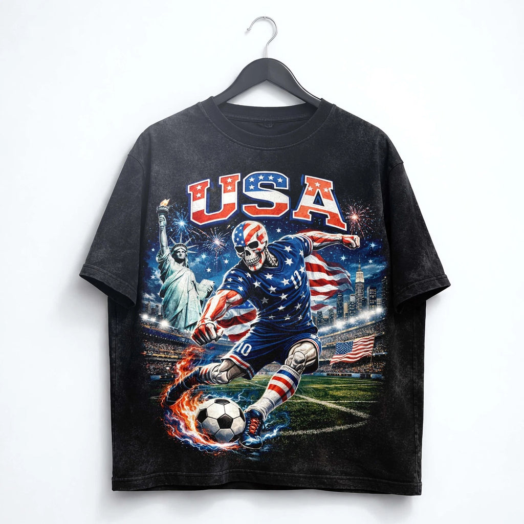 USA Soccer Skull Washed T Shirt American Flag World Cup 2026 Tee