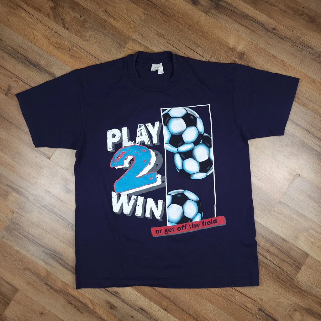Vintage Soccer T-Shirt Mens XL Navy Play 2 Win Graphic Made in USA 90s