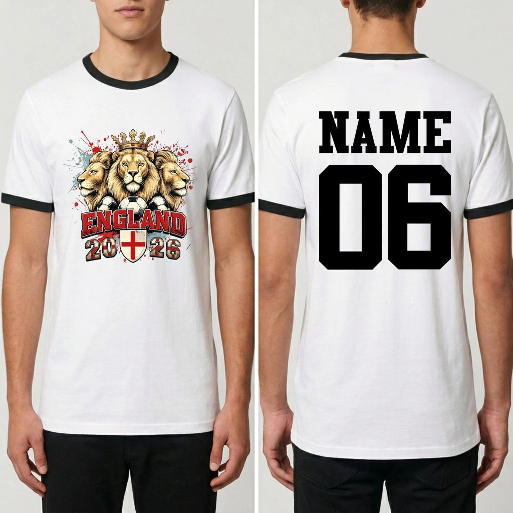 Personalised England Football 2026 Ringer T-Shirt Custom Name Number Fans Top