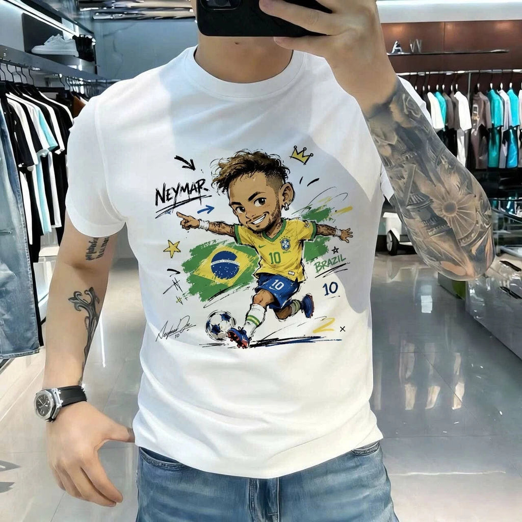 Neymar Brazil Soccer Graphic T-Shirt Cartoon Football Fan Unisex White Tee