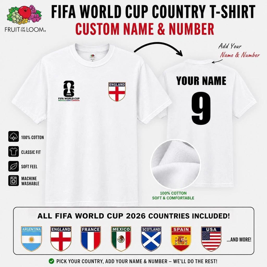 Personalised World Cup 2026 T-Shirt Country Football Mens Kids England Team Tee