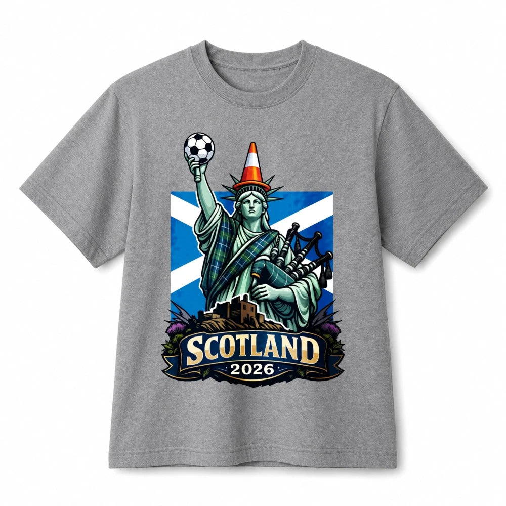 Scotland 2026 Liberty Statue Soccer Funny Retro Graphic Cotton T‑Shirt Unisex