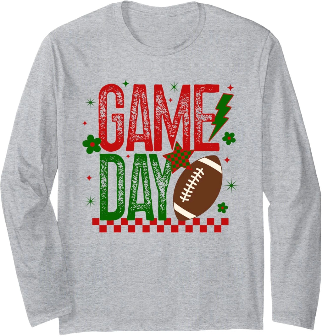 Game Day Football Retro Checked Red Green Touchdown Long Sleeve Tshirt
