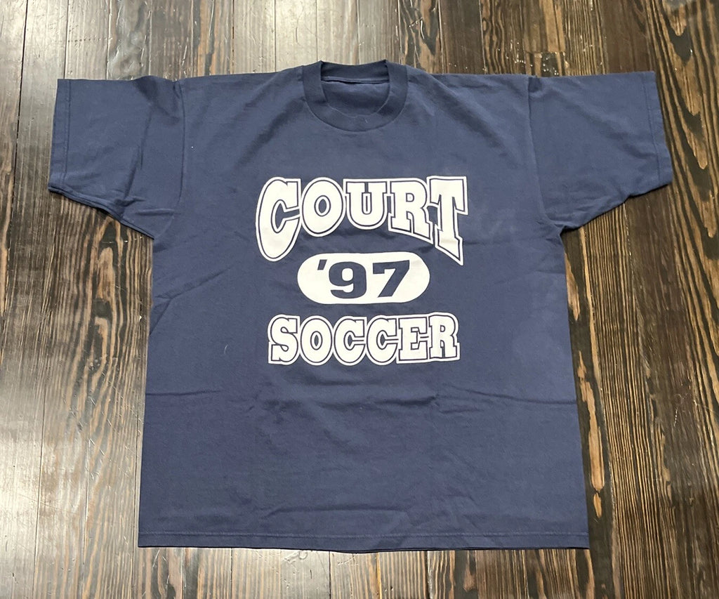 Georgian Court Soccer Graphic Print 1997 Vintage T Shirt Mens XL Blue Cotton