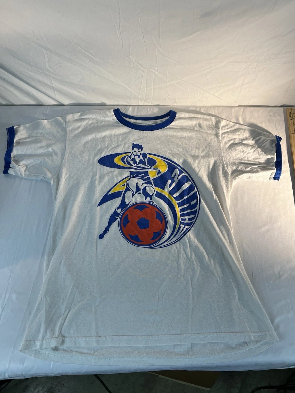 Vintage Ringer style Soccer t shirt blue and yellow Cleveland Force .. Large